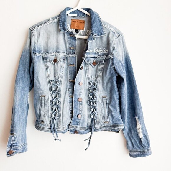 True Religion Vintage Embroidered Trucker Jacket w Lacing XS - Picture 3 of 4
